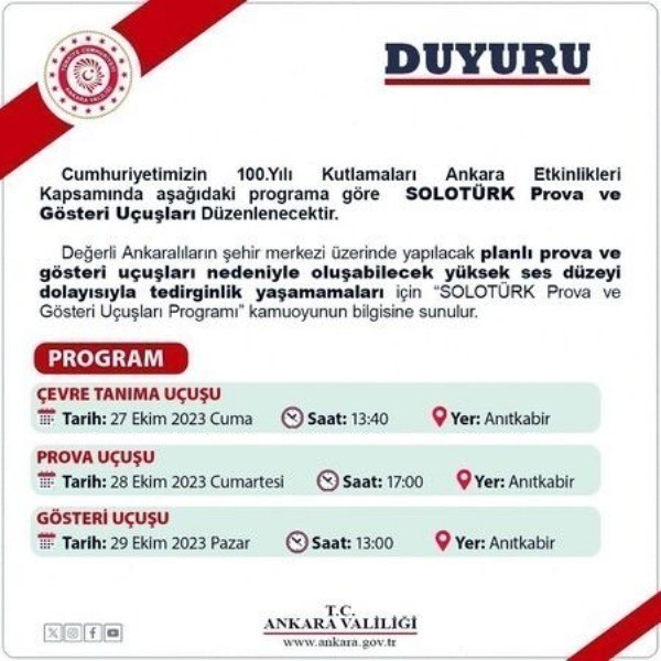 Ankara Valiliği'nden, SOLOTÜRK Uçuşları Öncesi Vatandaşlara Gürültü Uyarısı