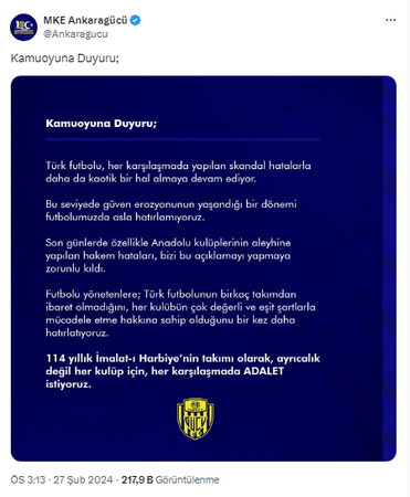  MKE Ankaragücü’nden hakem tepkisi!